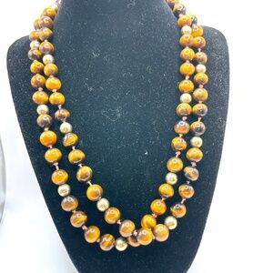 Vintage Tiger Eye Beaded Long Necklace with Sterling Clasp